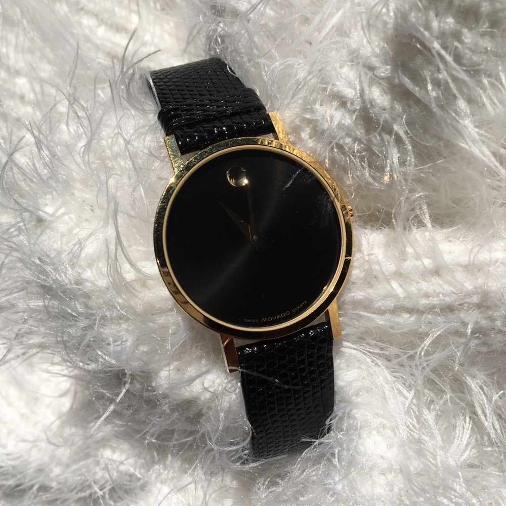Vintage Movado Black and gold leather wristwatch